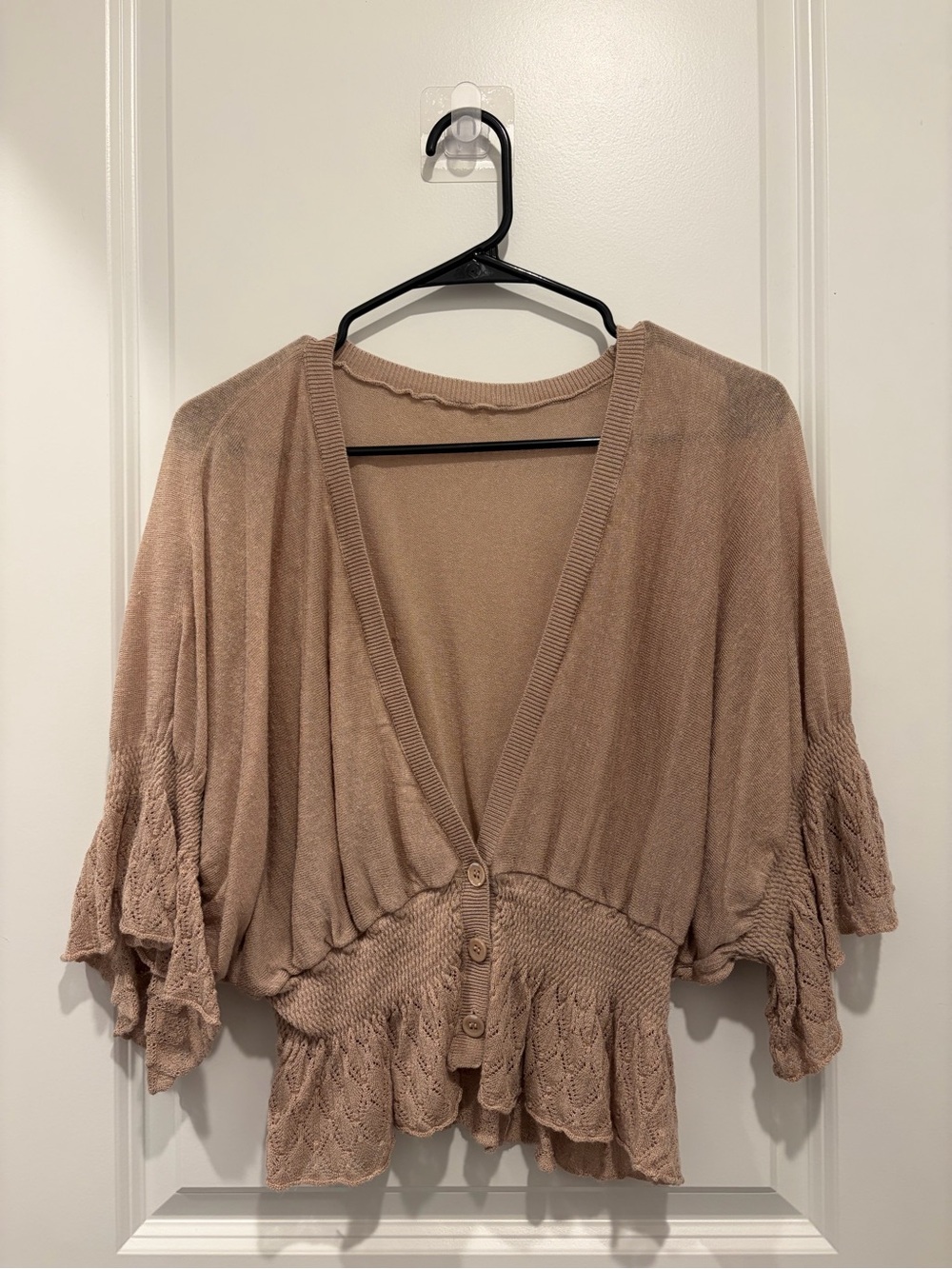 Ruffled Taupe Button-Front Knit Cardigan